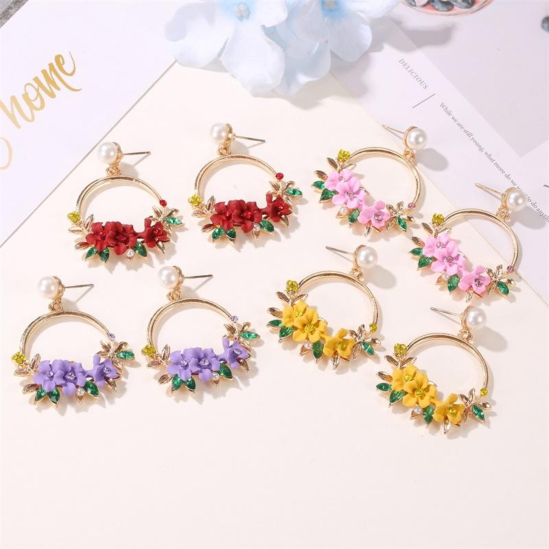 Ins sweet flower earrings net red same temperament color wreath pearl earrings female earrings