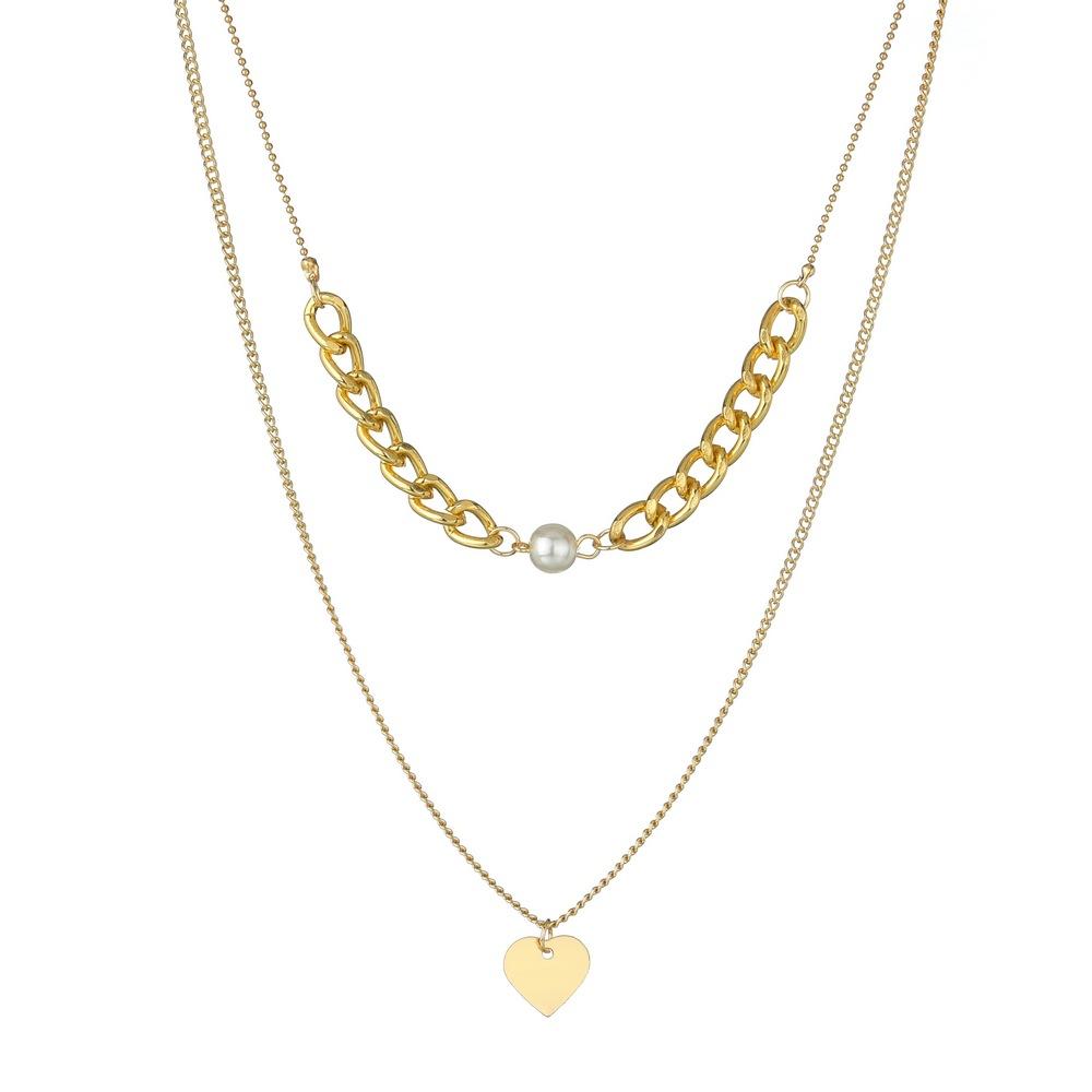 Jewelry Gold Chain Pearl Iron Piece Heart Pendant Double Layer Necklace