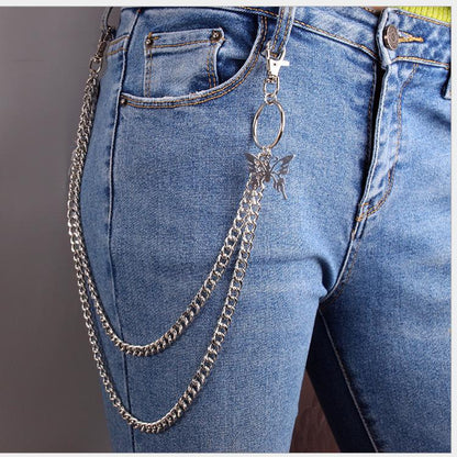 Hip-hop retro double-layer butterfly pants chain men and women trendy people hanging chain decoration trousers ins waist chain