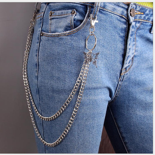 Hip-hop retro double-layer butterfly pants chain men and women trendy people hanging chain decoration trousers ins waist chain