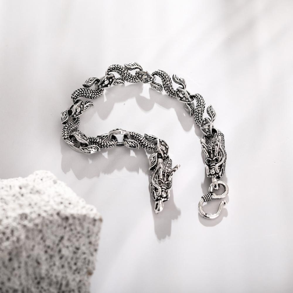 Trendy punk street men's ancient silver double dragon bracelet exaggerated fashion jewelry