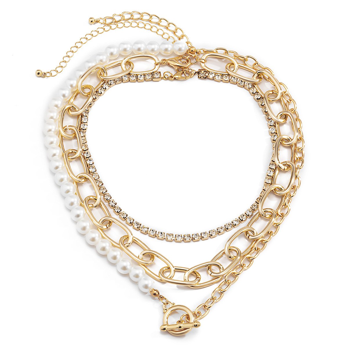 Jewelry Hip Hop Personality Geometric Diamond Chain Necklace Retro Simple OT Buckle Imitation Pearl Necklace