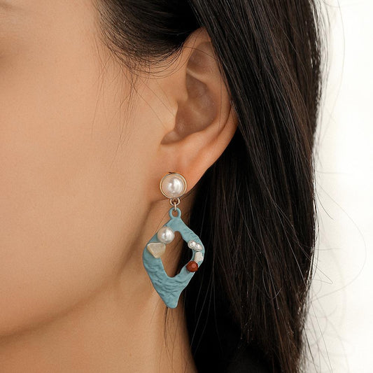 Retro Blue Rhombus Hollow Pearl Gravel Earrings Simple Diamond Temperament Irregular Geometric Earrings