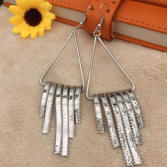 Simple Triangle Ring Vertical Strip Tassel Earrings Yunnan Minority Fashion Metal Earrings