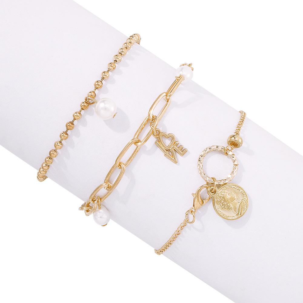 B1257 Fashion Jewelry Retro Alloy Pearl Hand Decoration Personality Simple Letter Bracelet Set