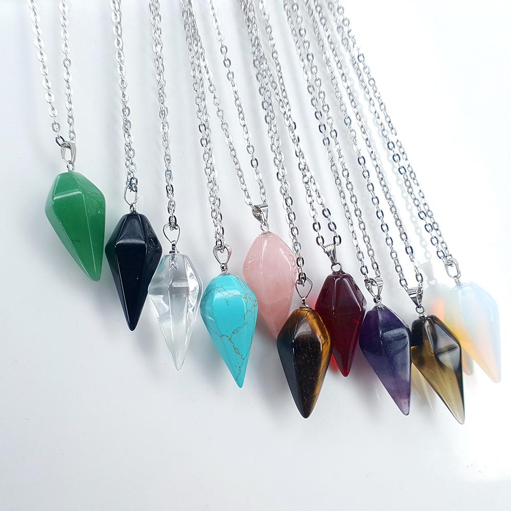 Fashion Natural Stone Crystal Hexagon Taper Pendant Clavicle Chain Necklace