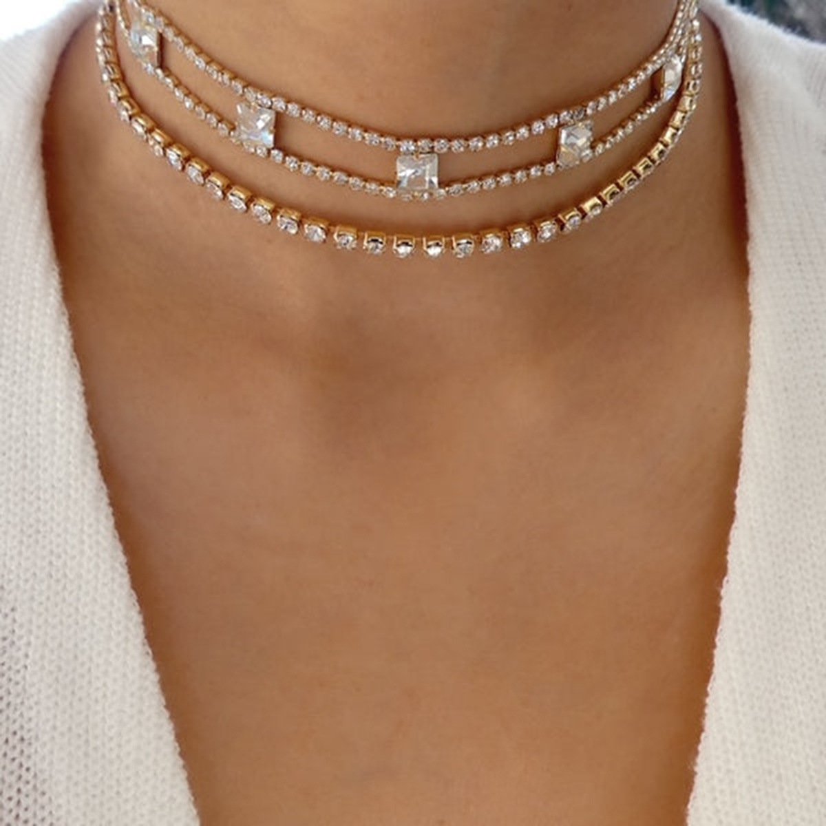 N1629 Multi-Layered Rhinestone Claw Chain Necklace Personality Trendy Small Luxurious Geometric Retro Necklace