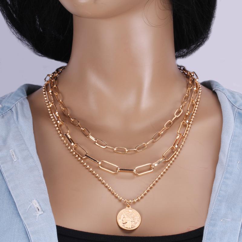 Temperament Metal Lamination Exaggerated Retro Portrait Coin Jewelry Trendy Temperament Hip Hop Metal Chain Clavicle Necklace
