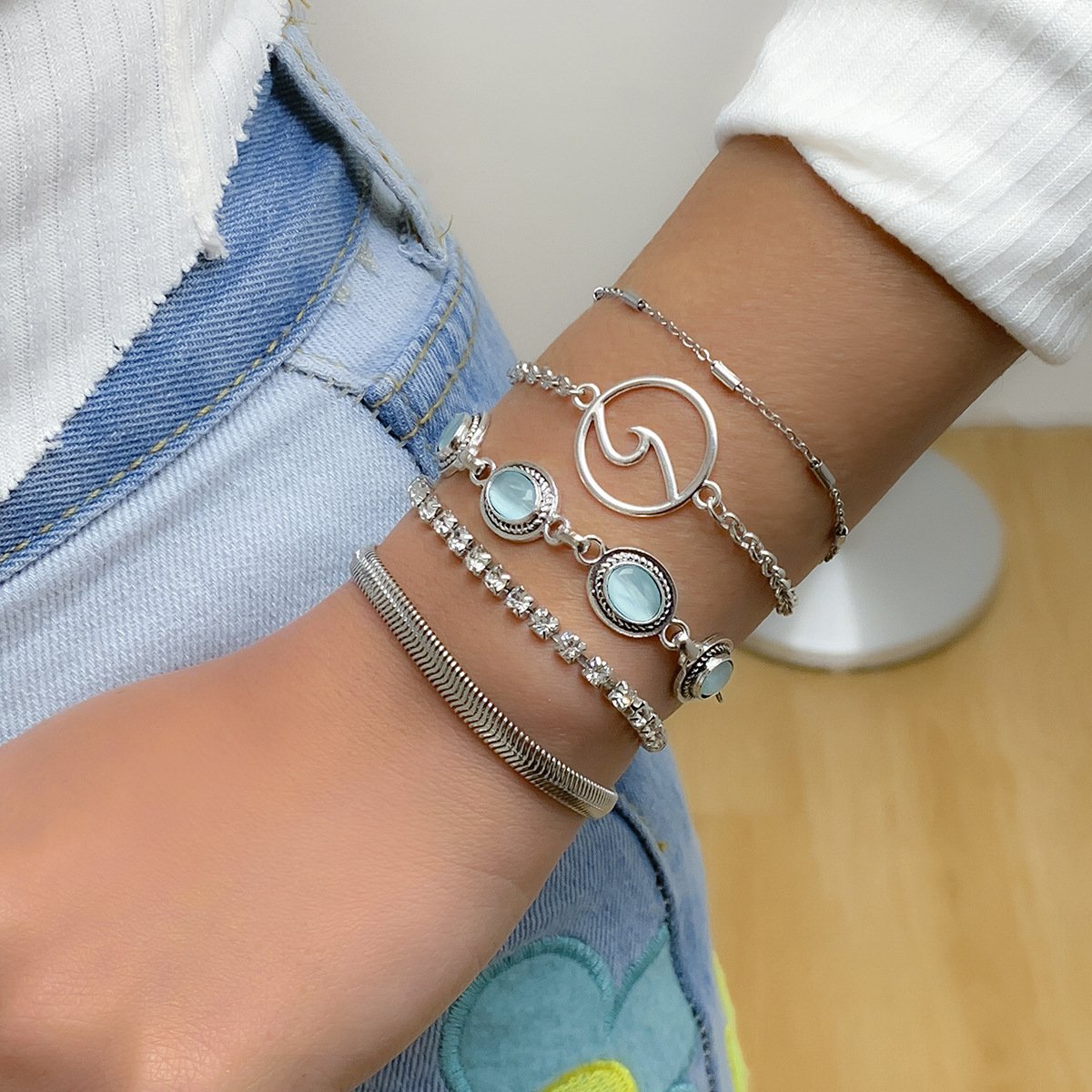 Jewelry Retro Ethnic Opal Bracelet Set Simple Metal Diamond Chain Jewelry