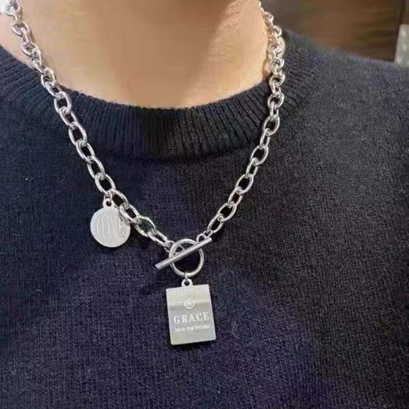 Harajuku dark round square brand combination letter stainless steel OT buckle necklace titanium steel clavicle chain tide for men and women