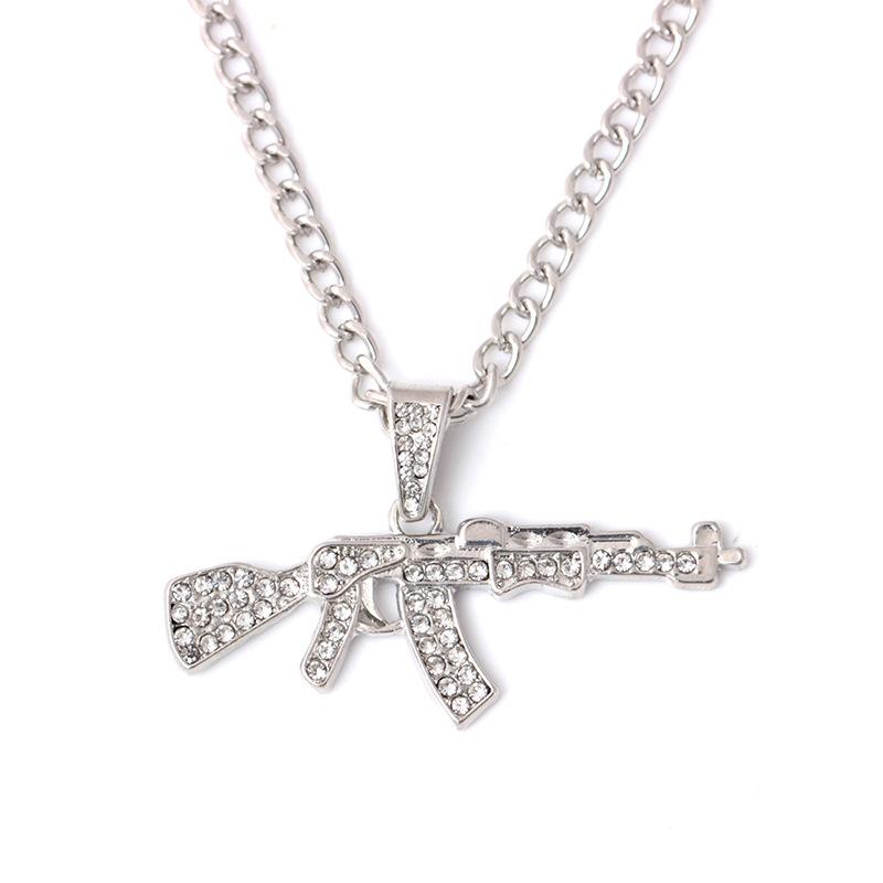 Fashion diamond-studded long gun necklace creative hip-hop submachine gun pendant jewelry