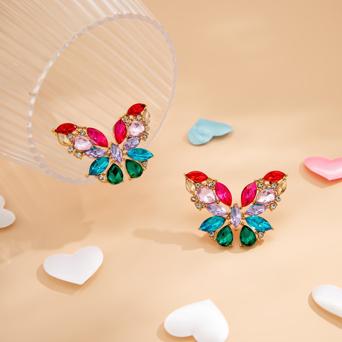 Ornaments simple niche diamond butterfly earrings female fashion creative geometric color diamond metal earrings