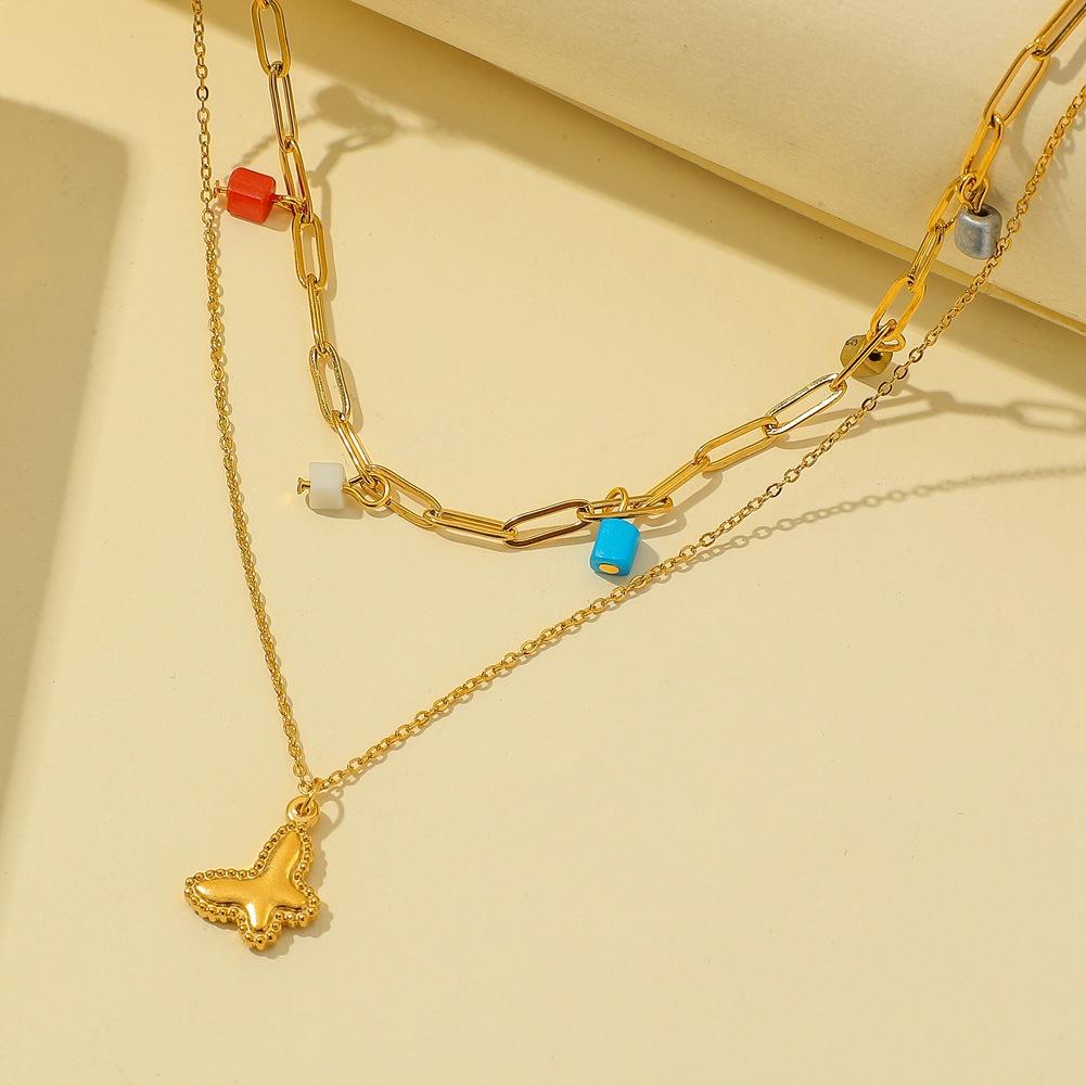 ins stainless steel colorful bead necklace double collarbone chain simple fashion butterfly pendant jewelry