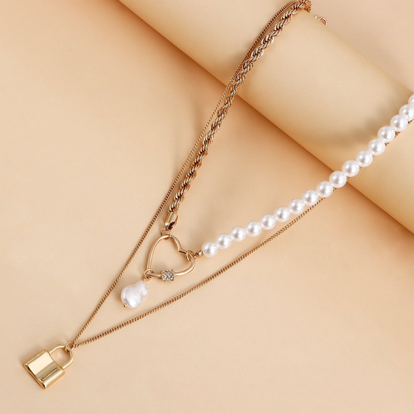 Fashion Temperament Love Padlock Combination Multi-Layered Wearing Exaggerated Necklace Niche Design Pearl Clavicle Chain Female
