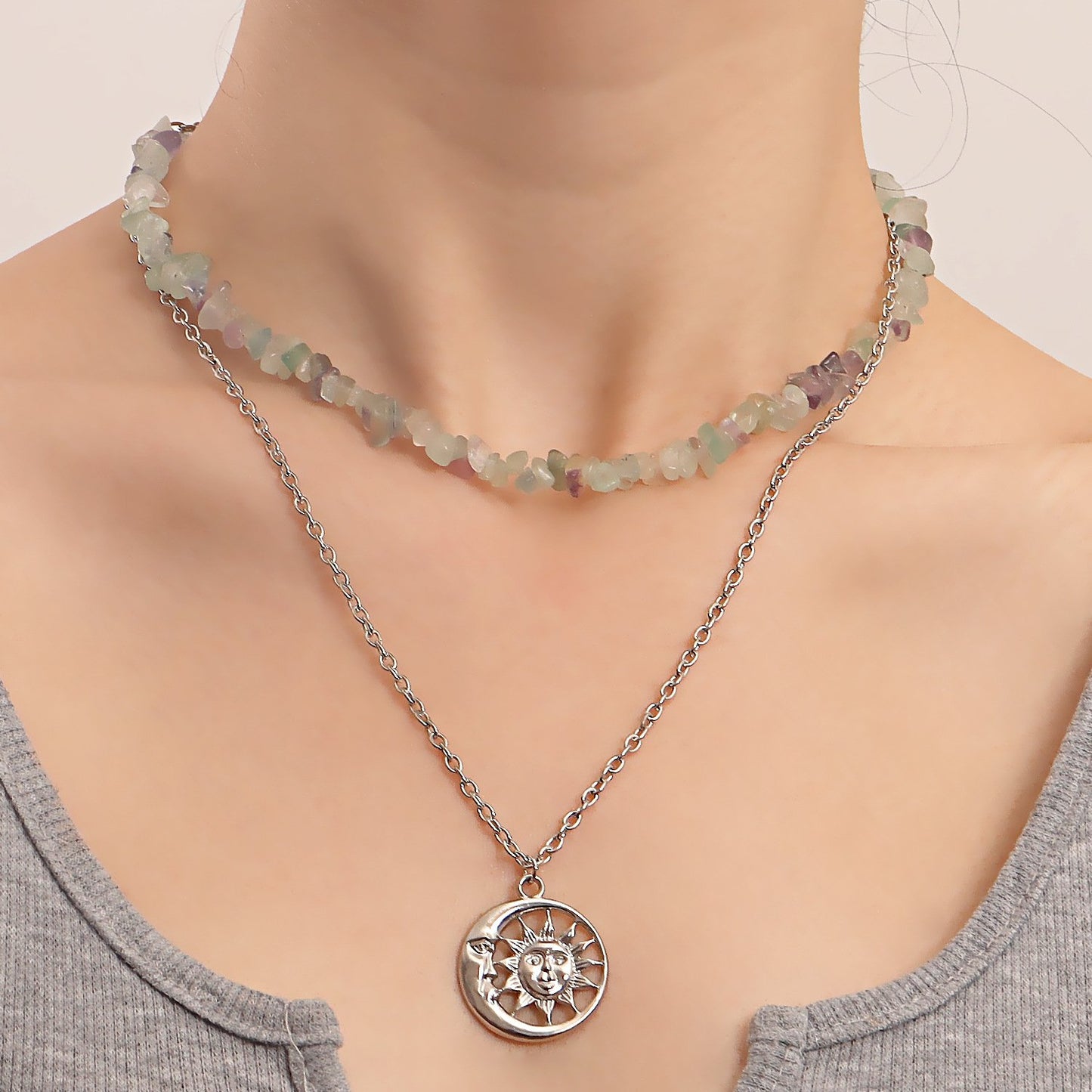 Jewelry double-layer simple natural green Dongling gravel pendant necklace female niche design necklace hot girl