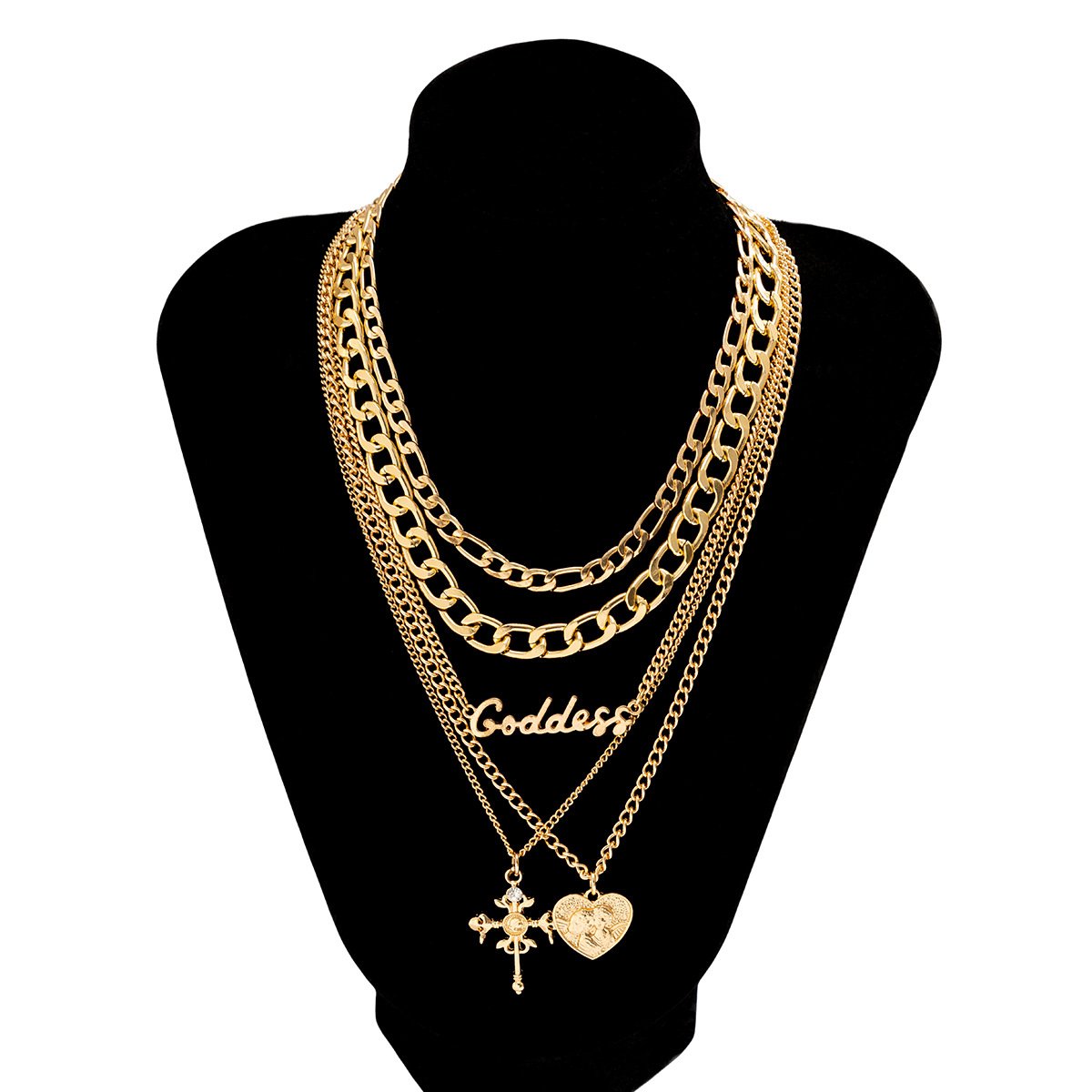 Jewelry retro multi-layer embossed cross portrait necklace hip-hop personality letter chain necklace