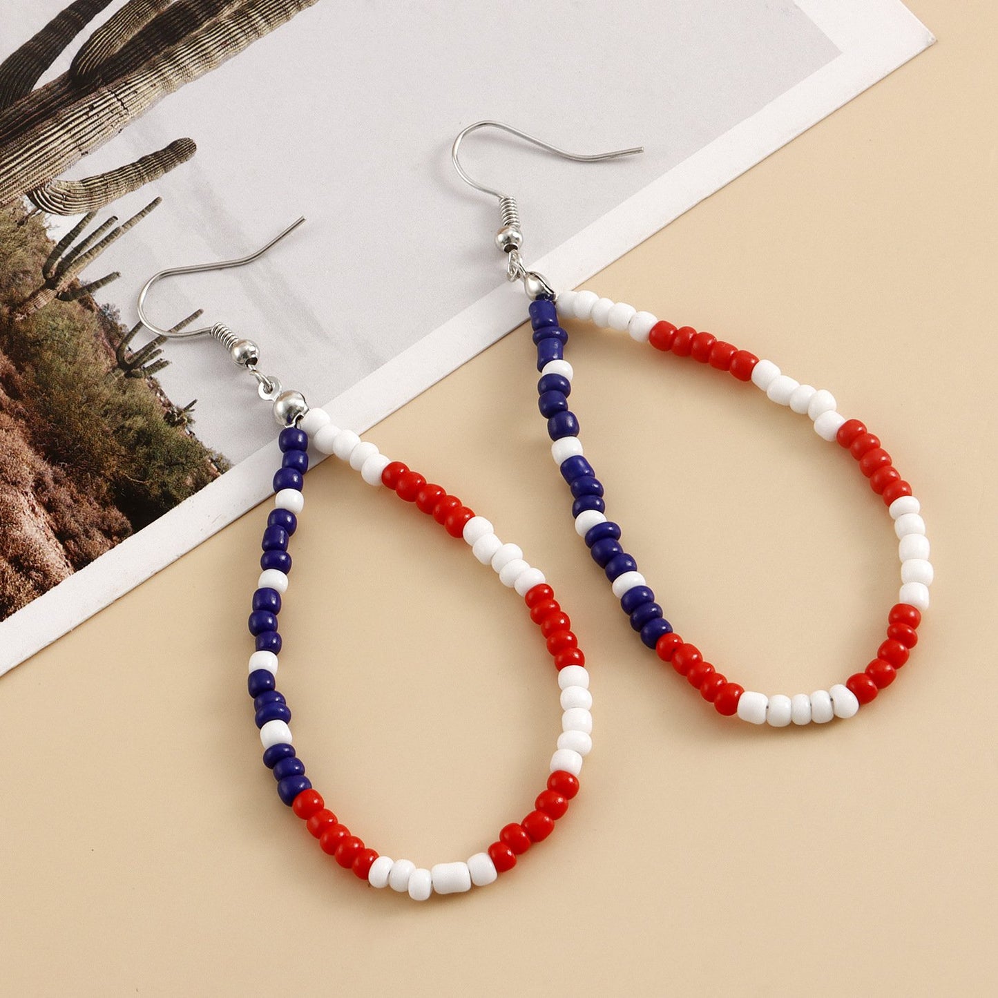 Jewelry hand-woven blue, red and white rice beads geometric drop-shaped pendant all-match earrings earrings