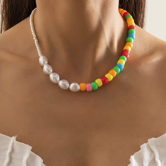 Jewelry fashion special-shaped imitation pearl collarbone necklace colorful beaded asymmetrical beaded necklace female
