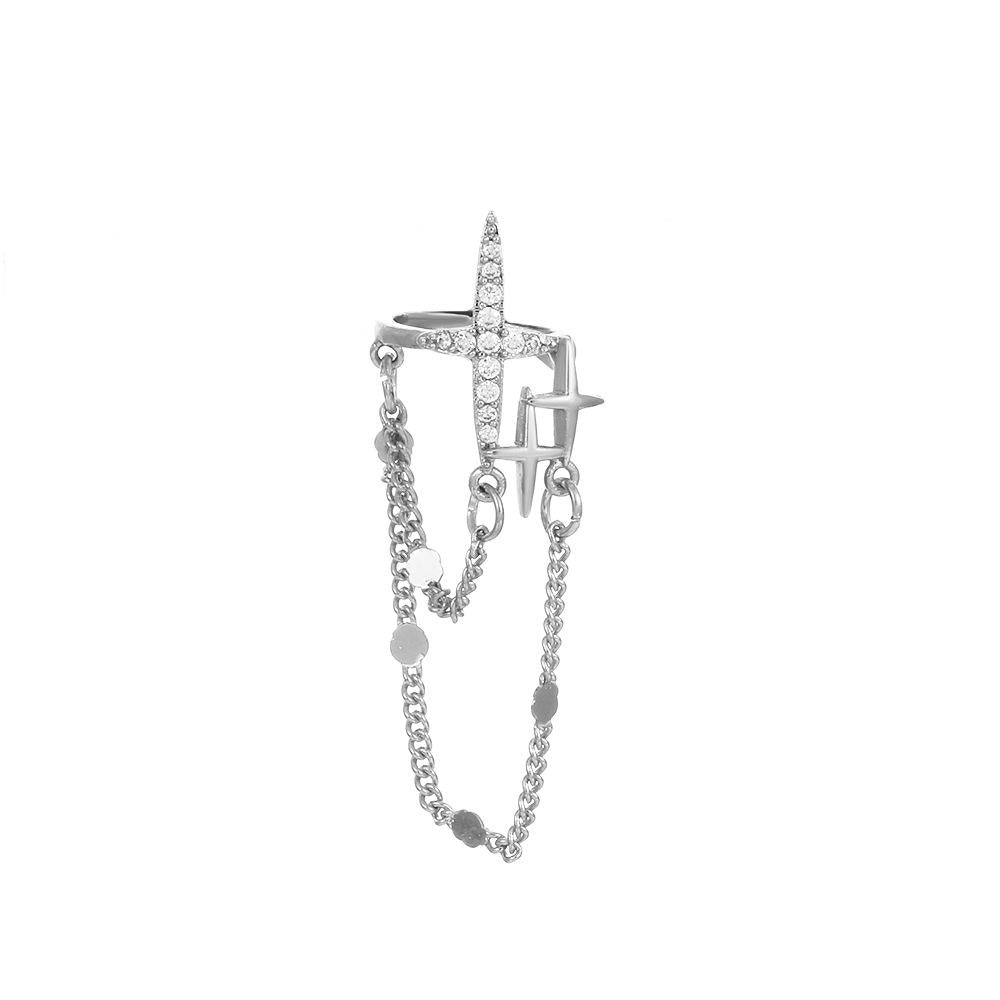 Simple diamond-studded tassel four-pointed star ear clip single fashion personality cross chain earrings without piercing earrings