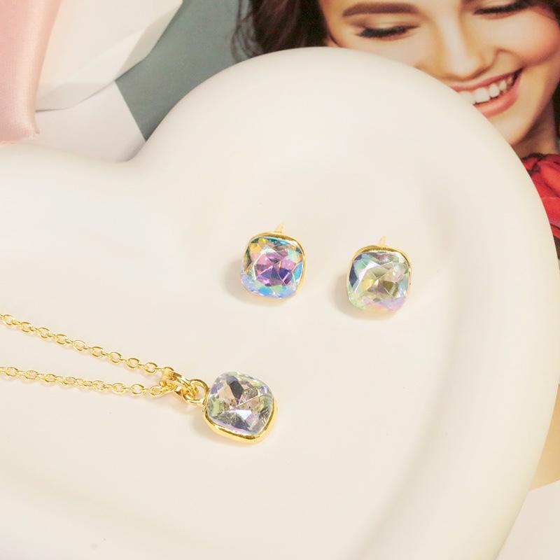 Explosive Jewelry Fashion Earrings Necklace Set Female Seven Color Square Diamond Pendant Earrings Jewelry