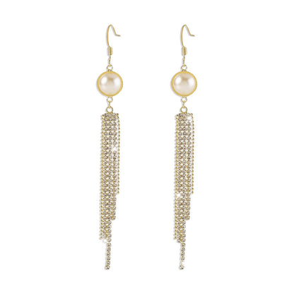 1593 Internet celebrity fashion niche tassel earrings pearl rhinestones sweet cool fairy air long design sense earrings