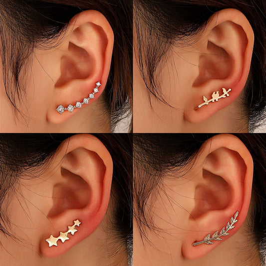 Simple fashion metal hole-free ear clip net red star leaf zircon U-shaped ear bone clip niche earrings for women