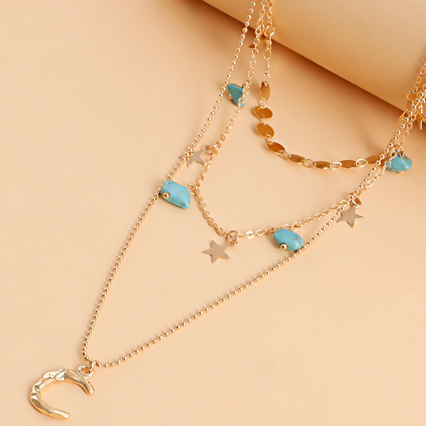 Jewelry trendy multi-layer natural turquoise crescent pendant necklace female ins hot girl necklace