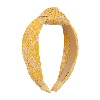 F455TikTok Simple Knotted Raffia Braided Headband Female Contrasting Color Wide Edge Geometric Headband
