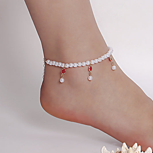 Jewelry Bohemian imitation pearl color crystal anklet women's foot chain ins beach tassel anklet