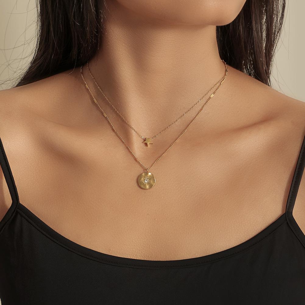 Fashionable Double Layer Stainless Steel Golden Pentagram Coin Sun Pendant Titanium Steel Clavicle Necklace For Women