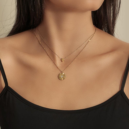Fashionable Double Layer Stainless Steel Golden Pentagram Coin Sun Pendant Titanium Steel Clavicle Necklace For Women