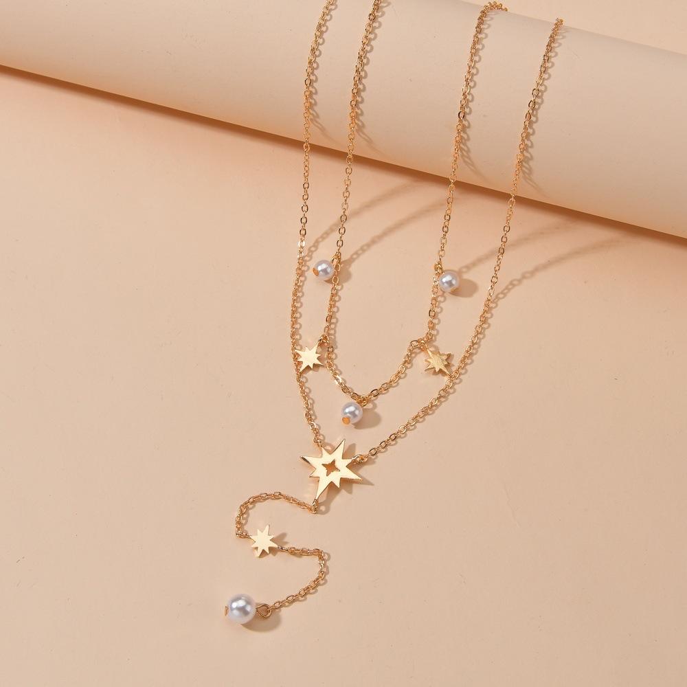 Fashion Hexagram Pendant Multilayer Necklace Simple Imitation Pearl Necklace Women Accessories