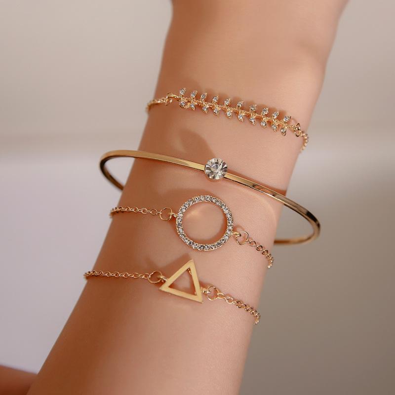 Fashion Set Bracelet Diamond Fishbone Leaf Triangular Bracelet Hollow Geometric Open Bracelet Four-piece Set