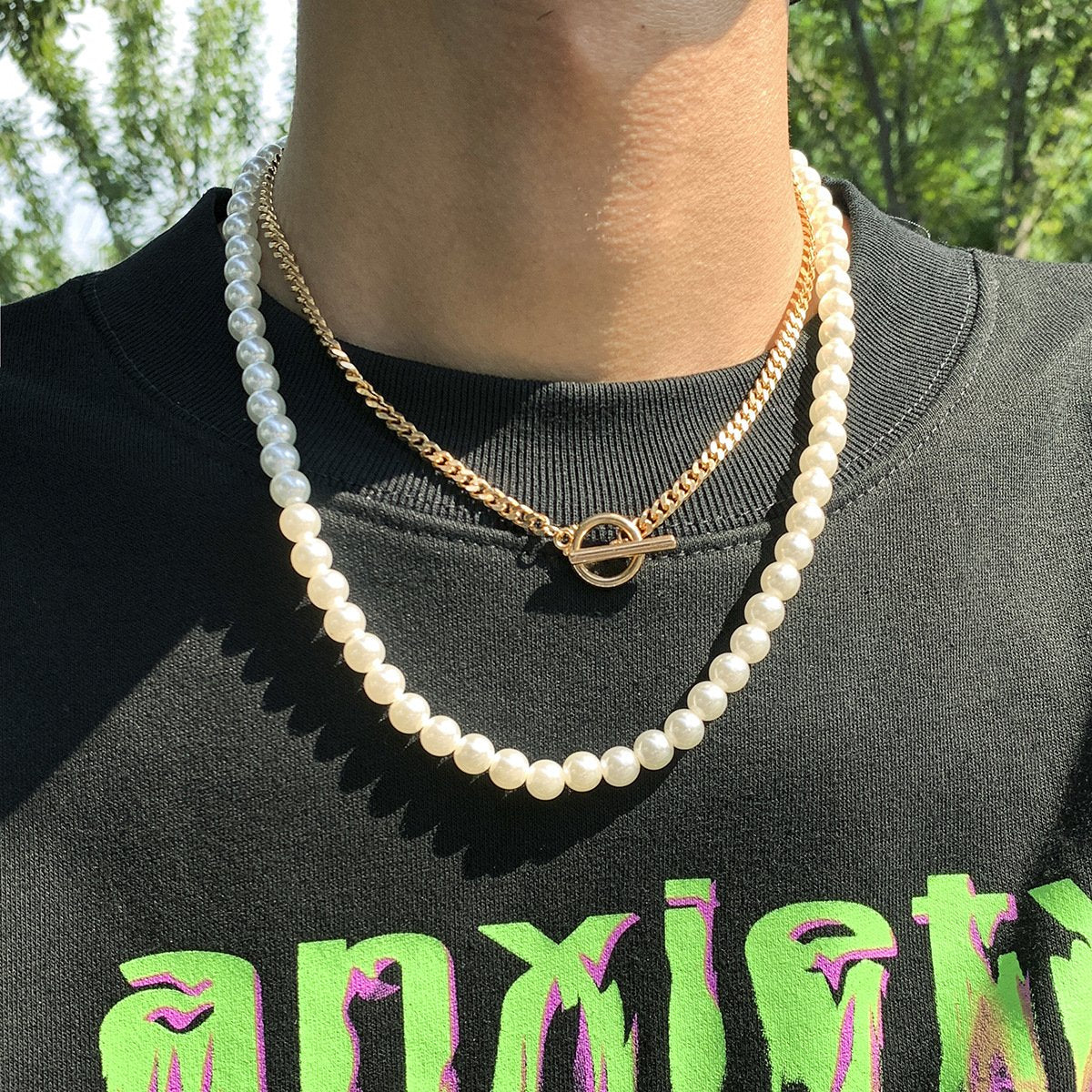 Jewelry retro personality imitation pearl men's necklace hip-hop hipster metal ot buckle chain necklace