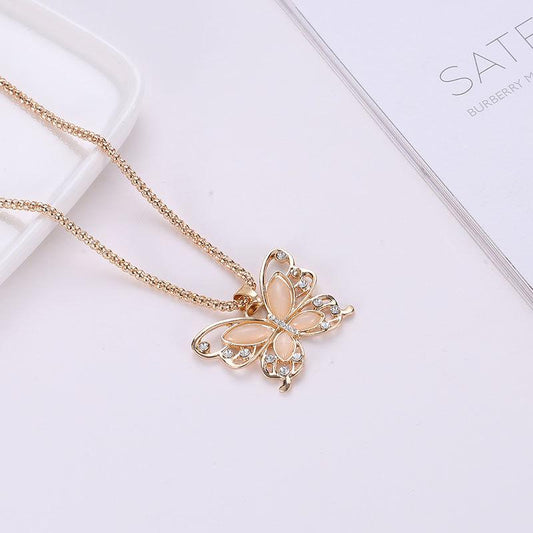 Creative Fashion Opal Hollow Butterfly Necklace Versatile Elegant Sweater Chain