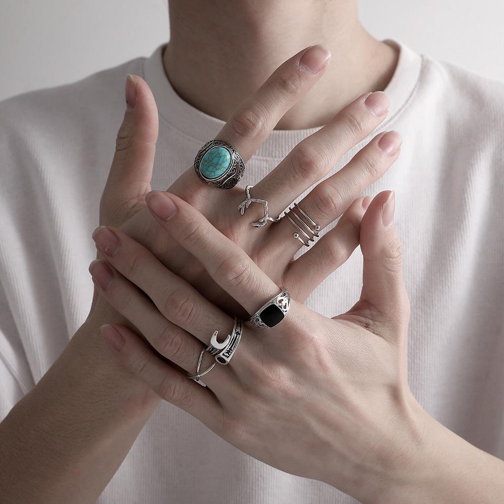 Simple Ins cold silver ring fashion personality men's blue turquoise wrench antlers multi-piece ring set