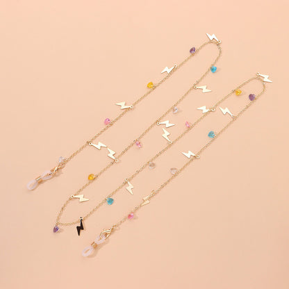 Jewelry Fashion Color Rhinestone Gemstone Glasses Chain Versatile Metal Lightning Pendant Glasses Accessories