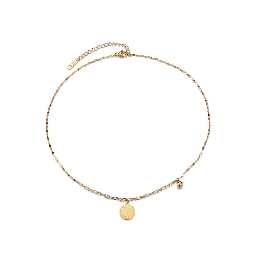 Fashionable stainless steel gold-plated pendant simple round plate LOVE letter pendant all-match small ball necklace