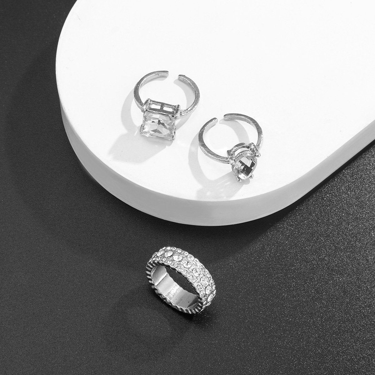 Jewelry temperament light luxury water drop gemstone ring set cold inlaid diamond open ring female