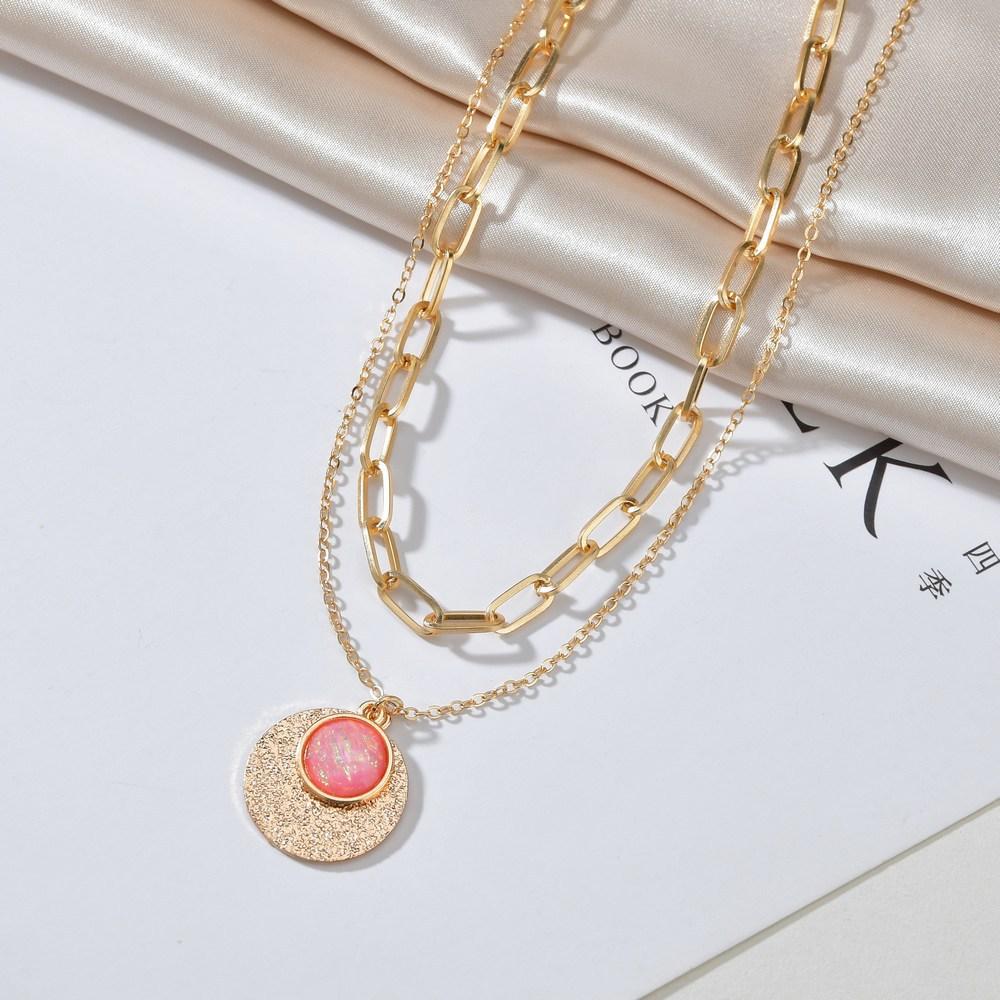 Fashion Round Alloy Resin Bezel Diamond Pendant Necklace Retro Square Line Double Layer Necklace Accessories