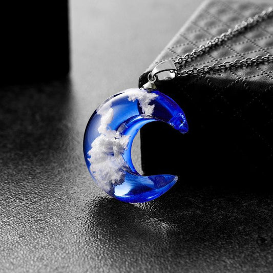 ETSY creative fashion handmade jewelry blue sky white cloud forest transparent blue moon resin pendant necklace