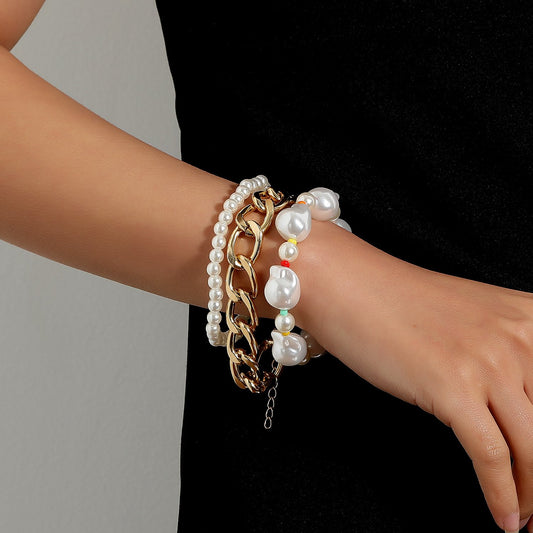 Jewelry Exaggerated Large Irregular Pearl Bracelet Female Fashion Punk Aluminum Chain Jewelry Three-piece Set