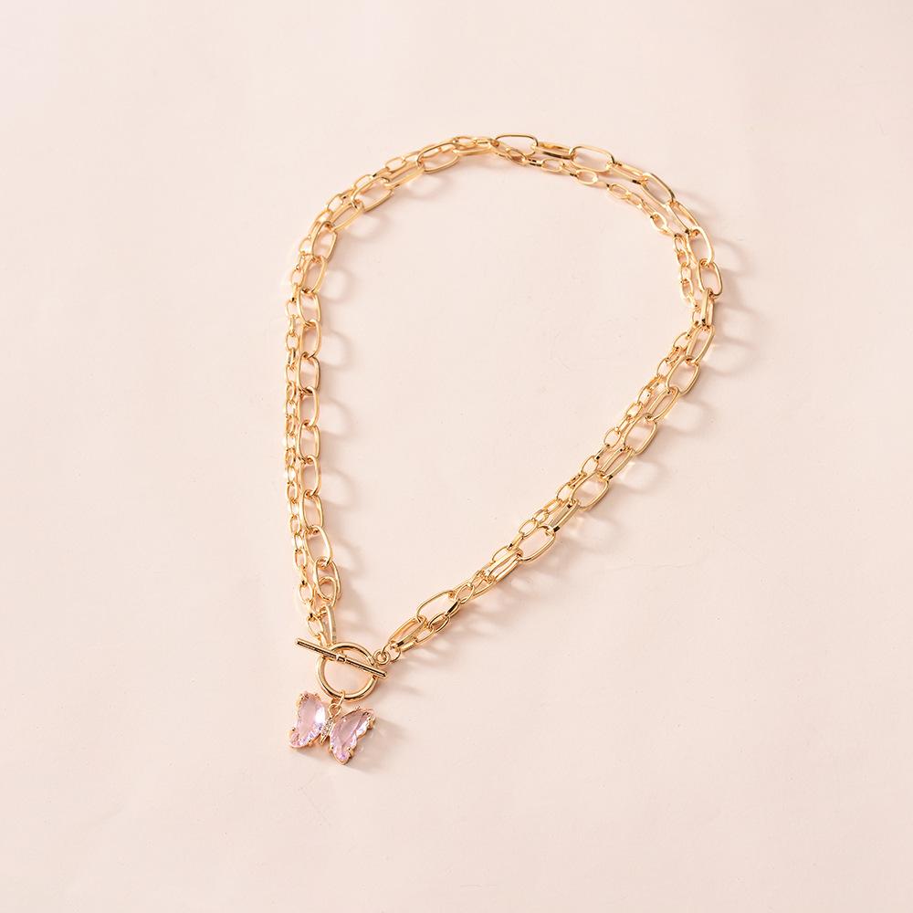 Copper micro-inlaid dream transparent color crystal butterfly pendant fashion double chain OT buckle necklace for women