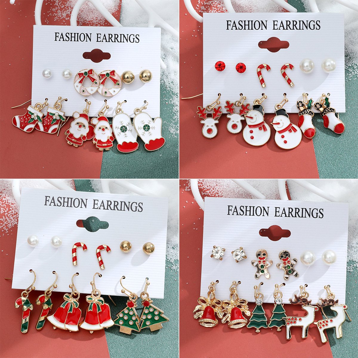Christmas series snowflake bell earrings combination set cartoon oil dripping cane old man earrings female