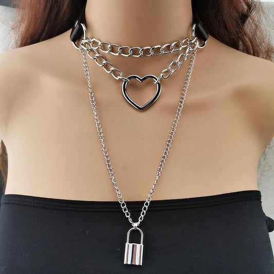 Jewelry Personality Exaggerated PU Metal Necklace Retro Punk Multilayer Chain Geometric Lock Necklace