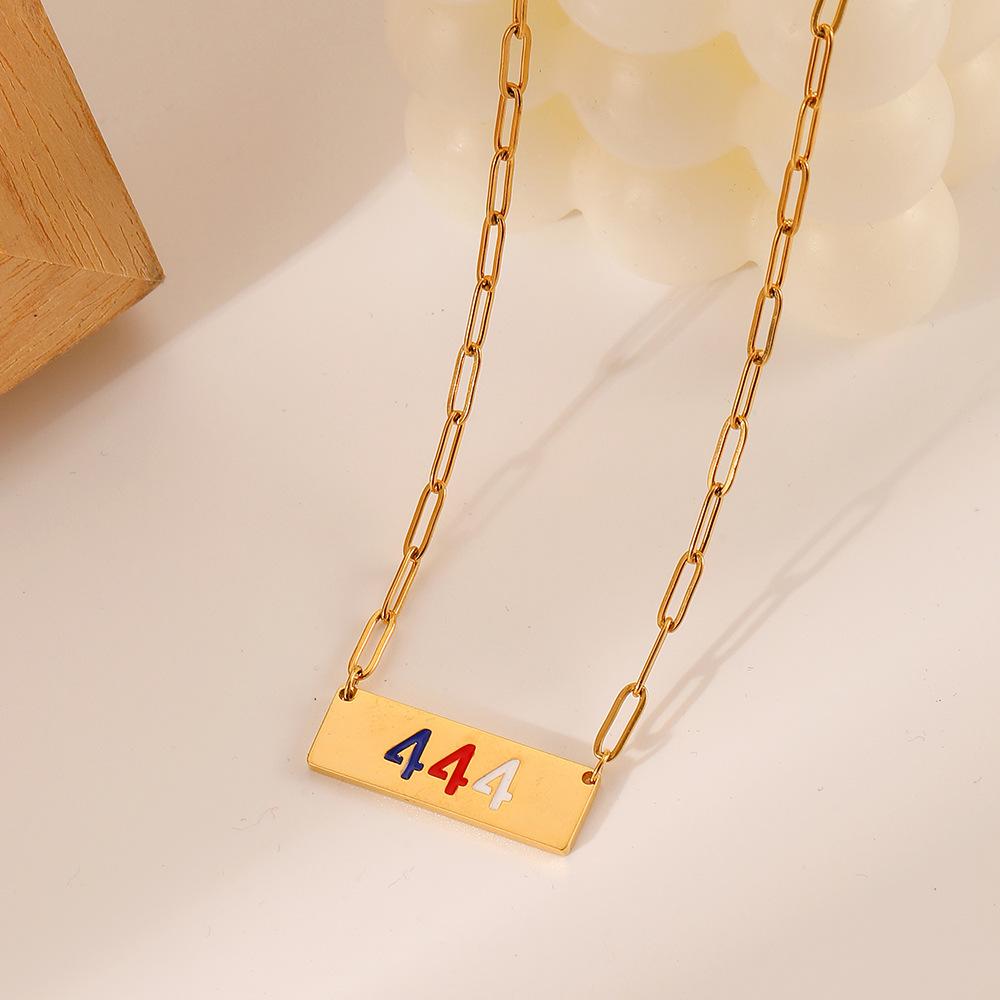 Niche fashion simple personality stainless steel angel number 444 color dripping oil square brand necklace female