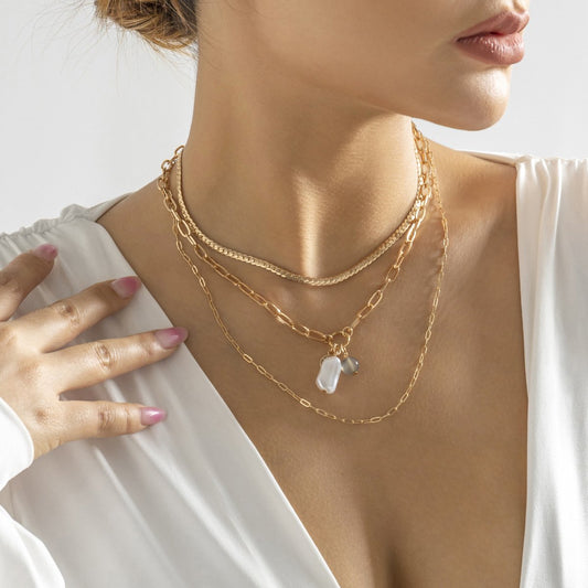 Jewelry Stacked Cross Metal Chain Necklace Temperament Imitation Pearl Pendant Snake Bone Chain Necklace Female