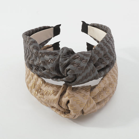 F4734 Exaggerated Internet celebrity geometric headband autumn and winter series PU leather knotted creative fashion color contrast headband