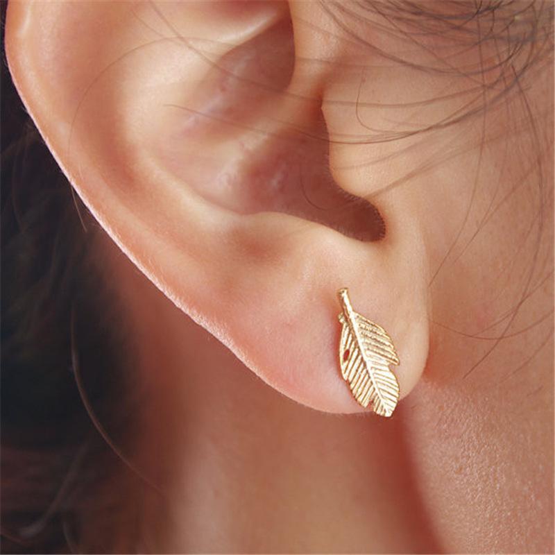 Explosive Fashion Feather Shape Leaf Stud Earrings Three Color Gold Silver Rose Gold