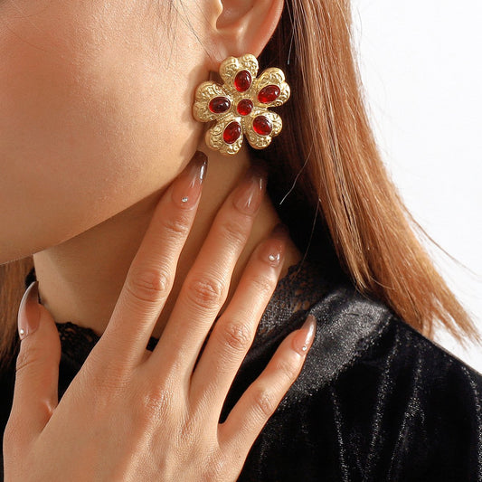 Retro Palace Geometric Flower Gemstone Earrings Personality Light Luxury Temperament Elegant Embossed Creative Earrings